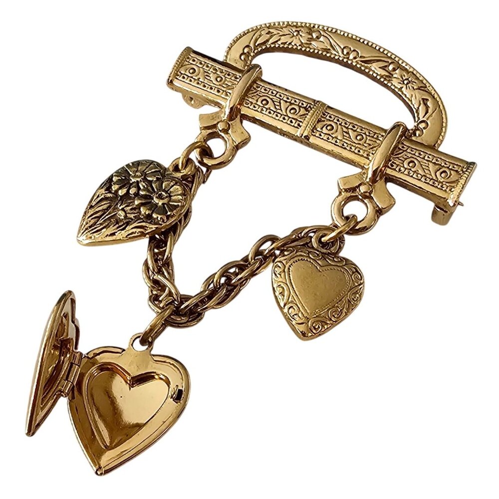 1928 Brand Bar Pin Heart Chain Dangle Brooch Locket Pin J522 - Picture 3 of 8